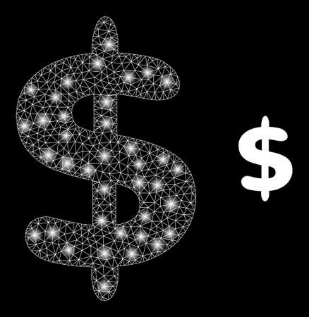 Dollar currency icon and glowing net mesh dollar currency structure with bright light spots. Illuminated constellation created using dollar currency vector icon and polygonal mesh.のイラスト素材
