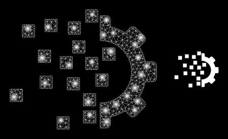 Gear compilation icon and constellation mesh gear compilation model with glitter spots. Illuminated model done from gear compilation vector icon and polygonal mesh.のイラスト素材
