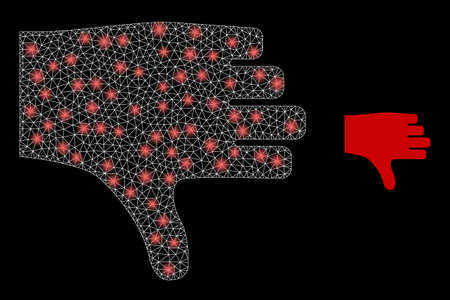 Thumb down icon and bright net mesh thumb down model with illuminated light spots. Illuminated model created using thumb down vector icon and triangle mesh. Bright frame thumb down,のイラスト素材