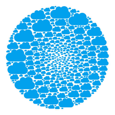 Cloud items are organized into globe collection. Cloud icon round mosaic. Abstract round cluster collage is organized with cloud icons.のイラスト素材