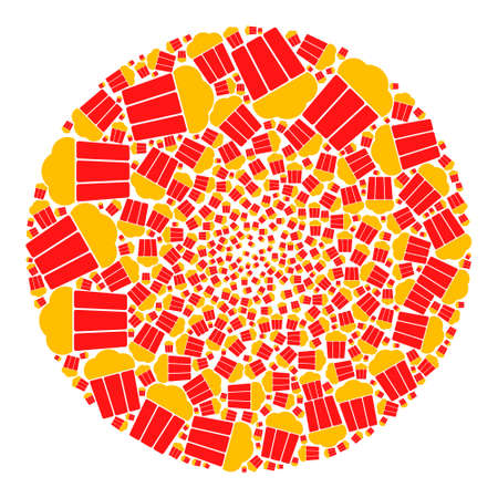 Popcorn bucket items are united into bubble group. Popcorn bucket icon spheric mosaic. Abstraction spheric cluster mosaic done from popcorn bucket symbols.のイラスト素材