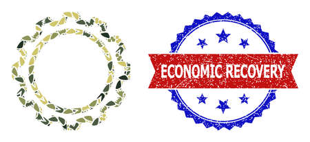 Military camouflage mosaic of contour gear icon, and bicolor textured Economic Recovery stamp. Vector watermark with Economic Recovery text inside red ribbon and blue rosette, unclean bicolored style.のイラスト素材