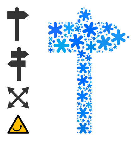 Mosaic road pointer icon is constructed for winter, New Year, Christmas. Road pointer icon mosaic is composed of light blue snow flakes. Some similar icons are added.のイラスト素材