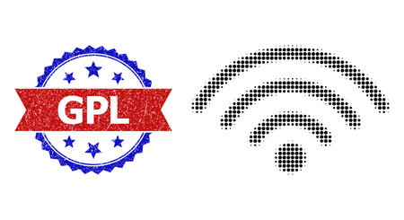 Halftone Wi-Fi hotspot icon, and bicolor dirty GPL seal stamp. Halftone Wi-Fi hotspot icon is made with small round elements. Vector seal with corroded bicolored style,のイラスト素材