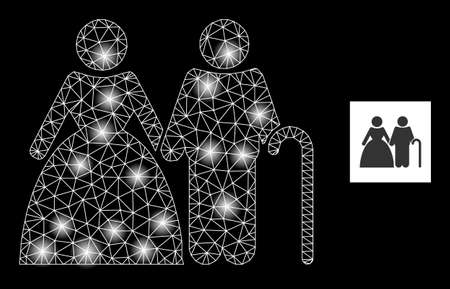 Glowing mesh senior family constellation icon with lightspots. Illuminated vector constellation based on senior family icon. Sparkle frame polygonal senior family on a black background.のイラスト素材