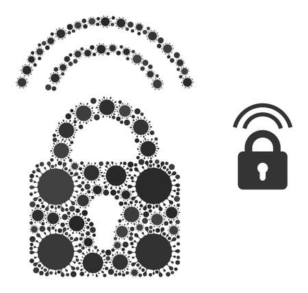Wifi lock mosaic icon. Vector mosaic is created from random coronavirus icons. Coronavirus mosaic wifi lock icon. Wifi lock collage for breakout templates.のイラスト素材