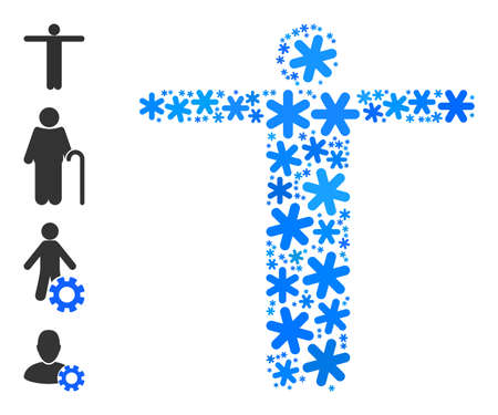 Mosaic welcome person pictogram is combined for winter, New Year, Christmas. Welcome person icon mosaic is constructed of light blue snow. Some bonus icons are added.のイラスト素材