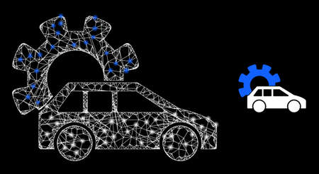 Net mesh automobile industry wireframe illustration with lightspots. Illuminated vector constellation is created from automobile industry pictogram. Vector carcass net automobile industry icon.のイラスト素材