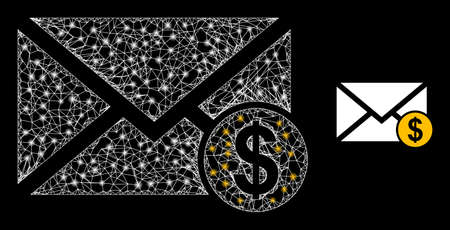 Crossing mesh bank letter carcass icon with lightspots. Illuminated vector model is created from bank letter icon. Vector carcass net bank letter icon.のイラスト素材