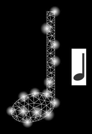 Glossy mesh music note constellation icon with light spots. Illuminated vector constellation based on music note picture. Sparkle frame polygonal music note on a black background.のイラスト素材