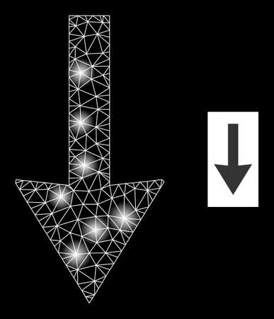 Bright mesh down arrow glare icon with light spots. Illuminated vector constellation based on down arrow icon. Sparkle frame mesh down arrow on a black background.のイラスト素材