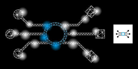 Glossy mesh circuit scheme constellation icon with light spots. Illuminated vector constellation is created from circuit scheme icon. Sparkle carcass mesh circuit scheme on a black background.のイラスト素材