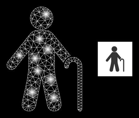 Glossy network old man constellation icon with light spots. Illuminated vector model based on old man icon. Sparkle frame mesh old man on a black background. Wire frame 2D mesh in vector format.のイラスト素材