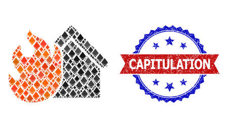 Vector diamond collage burning house icon, and bicolor dirty Capitulation seal stamp. Red round stamp seal contains Capitulation caption inside circle.のイラスト素材