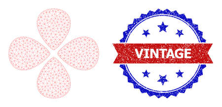 Network petals polygonal carcass illustration, and bicolor unclean Vintage stamp. Red stamp seal includes Vintage text inside ribbon and blue rosette. Vector carcass polygonal network petals icon.のイラスト素材