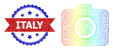 Net photo camera carcass icon with rainbow gradient, and bicolor unclean Italy seal stamp. Red stamp seal contains Italy tag inside blue rosette. Colorful frame mesh photo camera icon.のイラスト素材