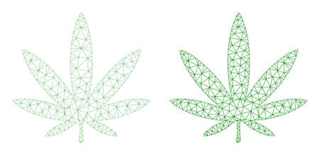 Polygonal mesh cannabis leaf icons. Flat carcass versions created from cannabis leaf icon and mesh lines. Abstract lines, triangles and points organized into cannabis leaf carcass.のイラスト素材