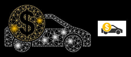 Glossy mesh car cost constellation icon with light spots. Illuminated vector constellation is created from car cost glyph. Sparkle carcass polygonal car cost on a black background.のイラスト素材
