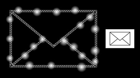 Glowing mesh letter envelope constellation icon with lightspots. Illuminated vector constellation based on letter envelope pictogram. Sparkle carcass polygonal letter envelope on a black background.のイラスト素材