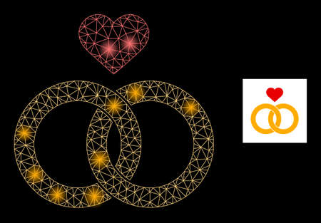 Glossy mesh wedding rings constellation icon with light spots. Illuminated vector constellation is created from wedding rings glyph. Sparkle carcass polygonal wedding rings on a black background.のイラスト素材