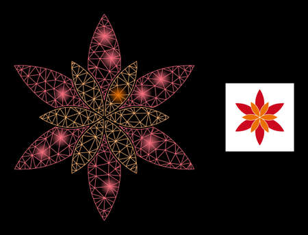 Glowing mesh flower constellation icon with lightspots. Illuminated vector model based on flower icon. Sparkle frame polygonal flower on a black background. Linear frame 2D network in vector format.のイラスト素材