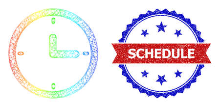 Net clock carcass icon with rainbow gradient, and bicolor dirty Schedule seal stamp. Red seal has Schedule tag inside blue rosette. Colored carcass net clock icon.のイラスト素材