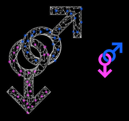 Crossing mesh gay pair sign model illustration with light spots. Illuminated vector constellation is created from gay pair sign pictogram. Vector frame mesh gay pair sign icon.のイラスト素材
