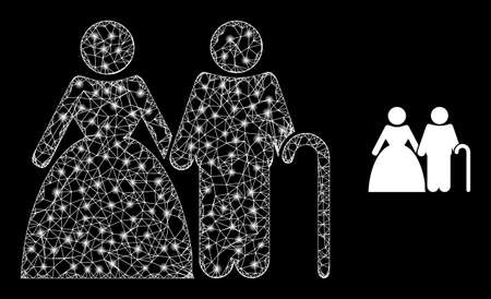 Mesh net senior family frame illustration with lightspots. Illuminated vector model is created from senior family icon. Vector frame network senior family icon.のイラスト素材