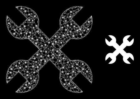 Network wrenches framework icon with light spots. Illuminated vector constellation is created from wrenches picture. Vector carcass mesh wrenches icon.のイラスト素材