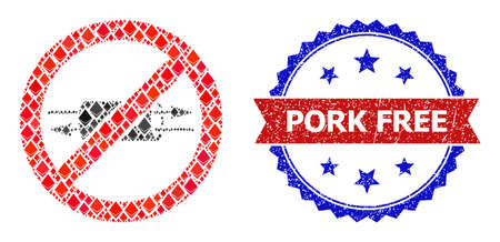 Vector crystal composition stop VPN icon, and bicolor scratched Pork Free stamp. Red round stamp seal includes Pork Free text inside circle. Stop VPN mosaic is created with crystal parts.のイラスト素材