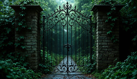 Old metal gate in the green forest. 3d rendering. Computer digital drawing.の素材