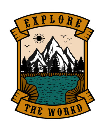 Camping logo, emblem, badge, or label with mountains and lake.のイラスト素材