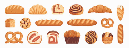 A collection of illustrated baked goods including loaves of bread, croissants, pretzels, muffins, cinnamon rolls, and other pastries. The items are depicted with warm, golden-brown crusts and varied textures, showcasing different shapes and fillings. They are presented on a white background, isolated from any other elements.のイラスト素材