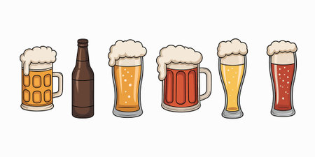 A cartoon illustration displays a variety of beer glasses and bottles arranged in a row against a white background. The glasses are filled with beer in shades of yellow and amber, topped with generous amounts of frothy white foam. Some glasses have handles, while others are stemmed. Interspersed between the glasses are brown beer bottles with caps. The artwork features bold outlines and a flat color style.のイラスト素材