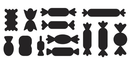 A collection of black silhouette illustrations of various candies and confectionery items is displayed on a white background. The shapes include individually wrapped candies with twisted ends, a long cylindrical candy, a round candy, and a few unwrapped candy shapes with unique edges.のイラスト素材