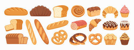 A collection of illustrated baked goods and pastries displayed on a white background. The assortment includes various types of bread such as loaves and baguettes, croissants, pretzels, sweet rolls, and cupcakes. The items are depicted in a colorful, cartoonish style with warm, inviting tones.のイラスト素材