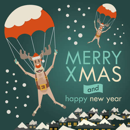 Reindeers drop by parachute for the Christmas night  On background stand many little houses with snowy roofsのイラスト素材