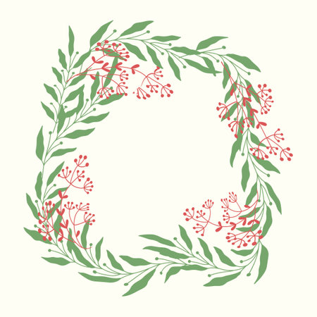 Floral wreath with red flowers and green leaves. Vector illustration.のイラスト素材