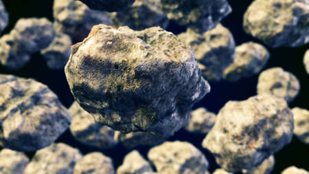 CGI motion graphics with flying asteroidsの写真素材