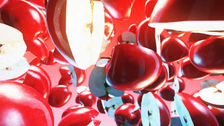 Falling red apples on pink background.の写真素材