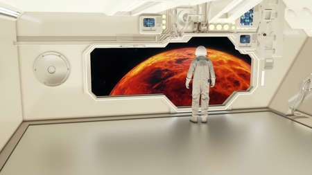 An astronaut on a spaceship watching the venusの写真素材