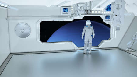 An astronaut on a spaceship watching the neptunの写真素材