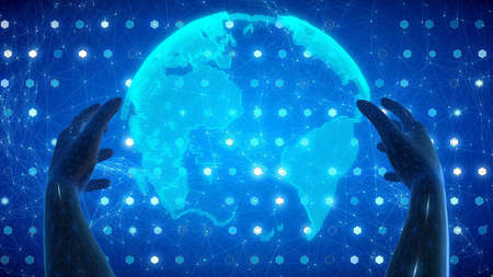 Cyber hands holding a Earth. .の写真素材