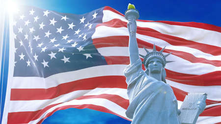 Flag of usa waving on rising sun on the background of blue sky.の写真素材