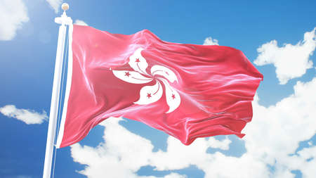flag of Hong Kong waving against time-lapse clouds background.の写真素材