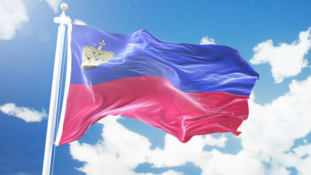 flag of Liechtenstein waving against time-lapse clouds background. Seamless loop in 4K resolution with detailed fabric texture.の写真素材