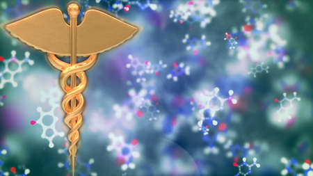 Background with rotating caduceus and flying moleculeの写真素材