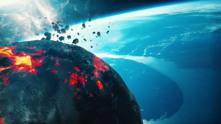 Burning asteroid approaching earthの写真素材