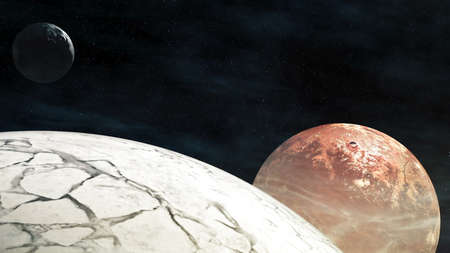 Flying through Star fields in space near a planets with asteroids