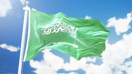 flag of Saudi Arabia waving against time-lapse clouds background. 3D renderingの写真素材